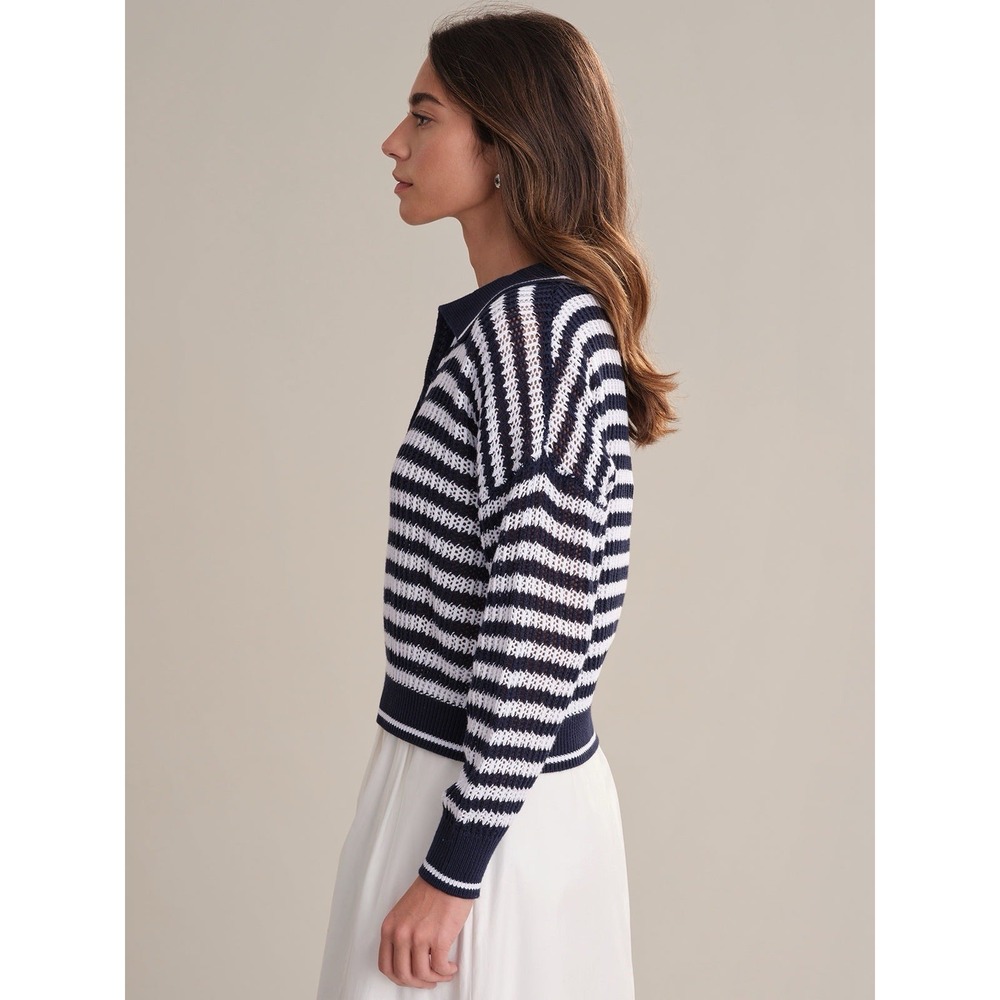 525 America Kimberly Cotton Navy Stripe Open Knit Polo Sweater XS Coastal Preppy - Picture 2 of 15